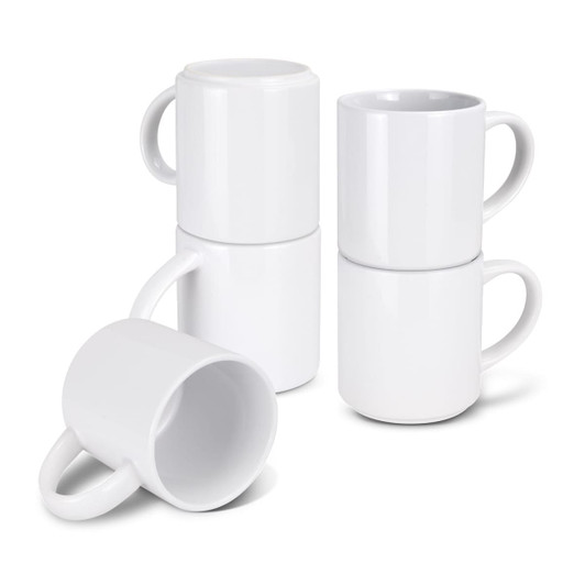 A stack of white coffee mugs featuring a handle, designed for space-saving storage.