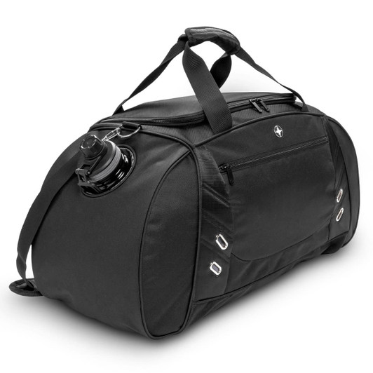 A black sport bag with a drink bottle holder and adjustable shoulder strap, featuring a logo.