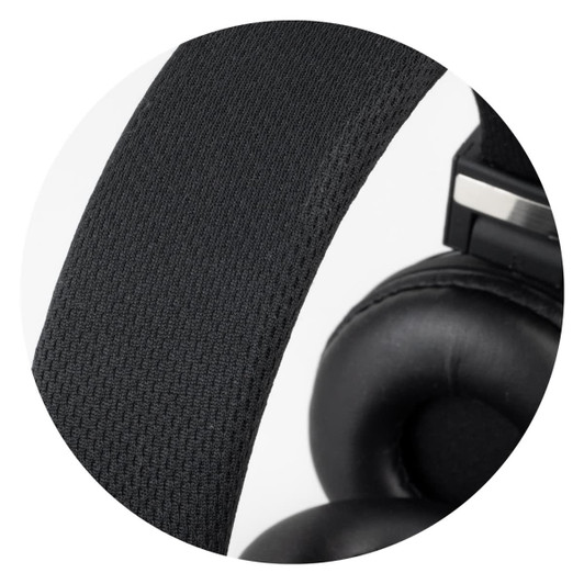 A close-up of black Opus Bluetooth headphones, featuring a textured headband and cushioned ear cups.