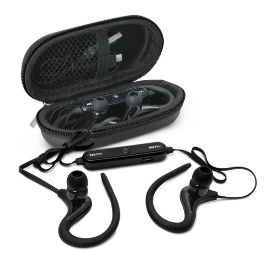 Black Bluetooth earbuds with a case, featuring a charging cable and ear hooks. Includes a control module.
