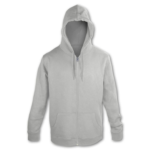 A grey unisex hoodie with a front zipper and drawstring hood. It features a logo on the garment.