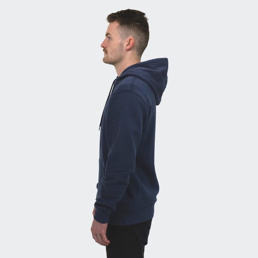 A navy unisex hoodie with a relaxed fit and a hood, featuring a logo on the front.