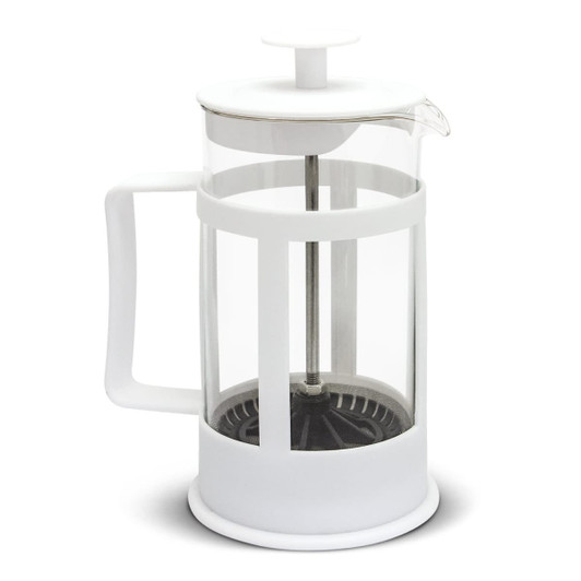 A small white coffee plunger with a glass body and metal filter, featuring a sturdy handle.