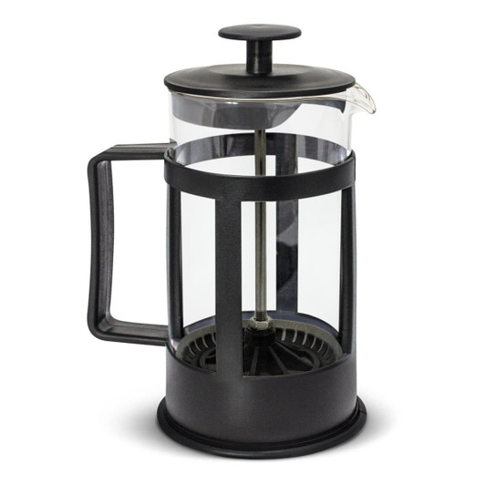 A small black Crema coffee plunger with a glass body and a handle, featuring a lid and metal filter inside.