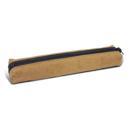 A pencil case in brown with a black zipper, featuring a sleek and minimal design. Suitable for storing writing tools.