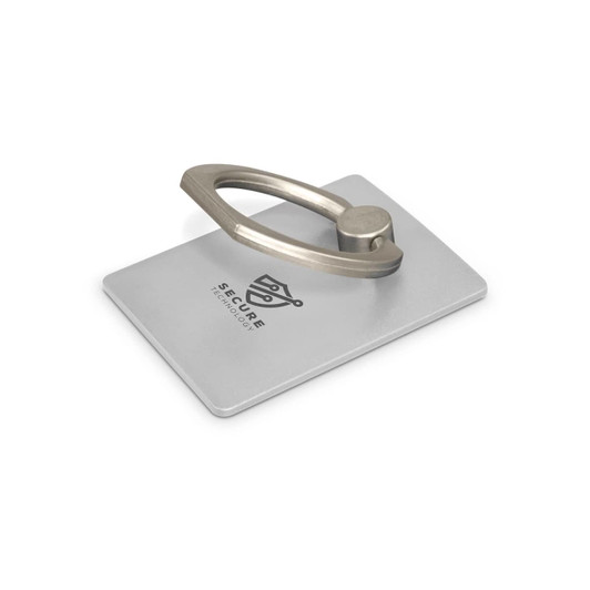 A silver phone grip with a metallic handle, featuring a branding logo on the surface.