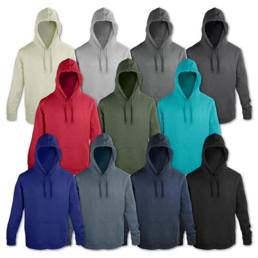 A collection of unisex hoodies in various colours, including grey, red, teal, green, navy, and black, each with a hood.