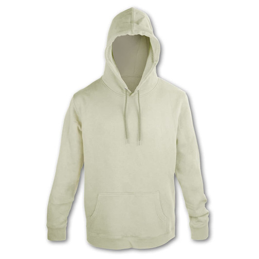 A light green unisex hoodie with a front pocket and a hood, featuring a logo.