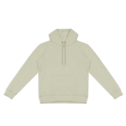 A unisex hoodie in a light beige colour featuring a front pouch pocket and a drawstring hood. It has a logo.