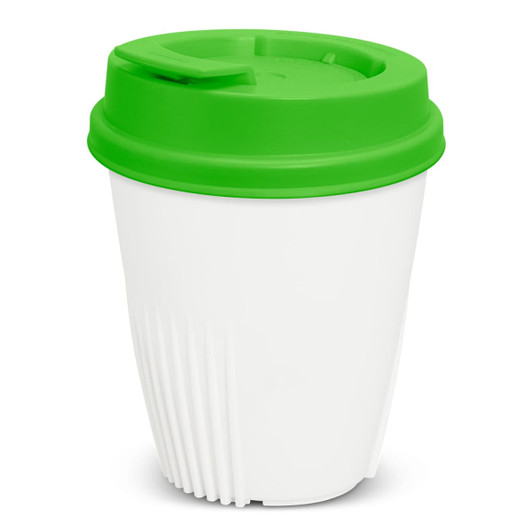A drink bottle with a white body and a green lid, featuring ridges on the exterior and a logo on the surface.