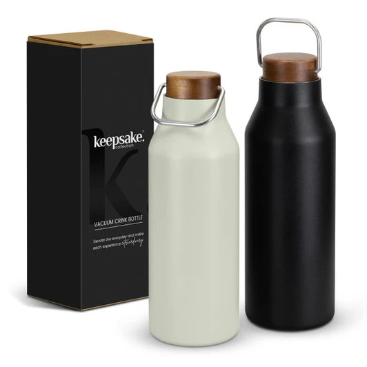 A drink bottle set featuring a cream and a black vacuum drink bottle, both with wooden lids, beside a branded box.