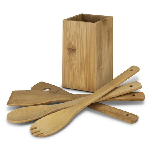 Bamboo kitchen utensils, including spoons and a spatula, arranged with a rectangular holder in a natural finish.