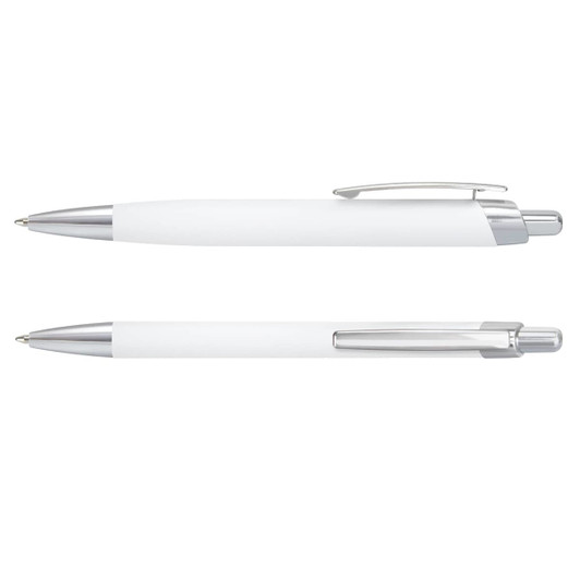 A metal pen set featuring a sleek white design with silver accents. The set includes two pens, each with a clip.