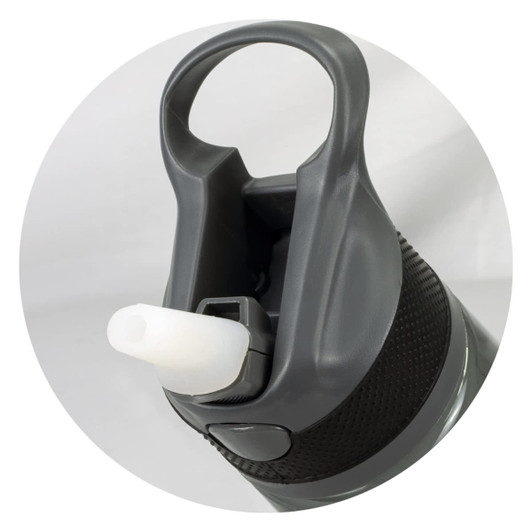 A drink bottle in dark grey with a wide opening and straw feature, designed for easy sipping. It has a logo.