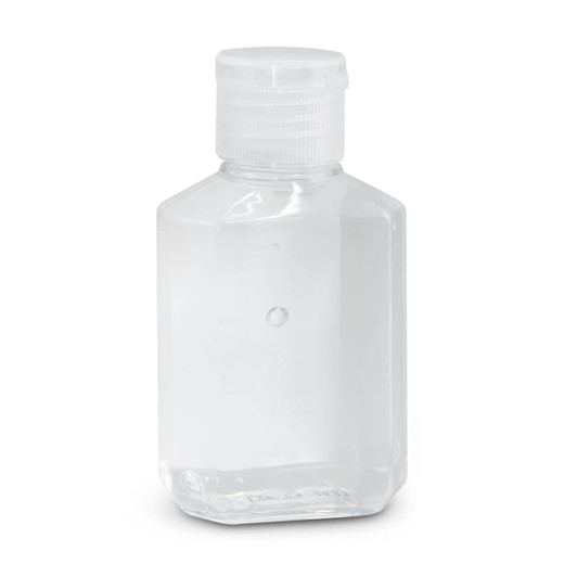 A clear 60ml bottle of hand sanitiser gel with a screw-top lid, featuring a simple design and no visible branding.
