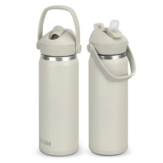 A drink bottle in light grey with a flip straw, featuring a handle and a logo. It holds 600ml.