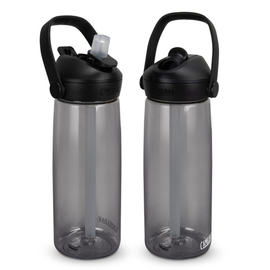 A drink bottle in black and grey, featuring a flip straw and a carrying handle. The bottle has a logo.