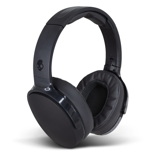 Black wireless headphones with cushioned ear pads and a logo on one side, designed for personal audio use.