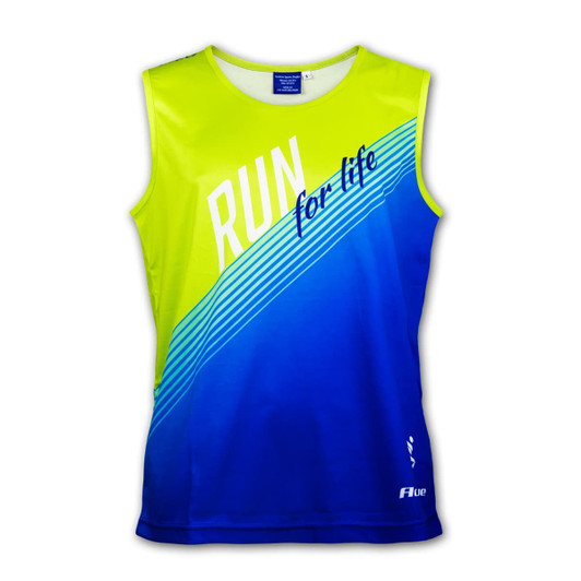 A sleeveless sports singlet in bright yellow and blue, featuring a logo and diagonal stripes.