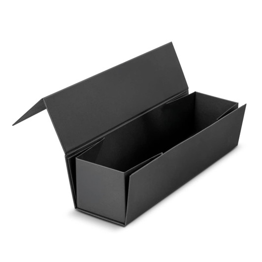 A black gift box designed to hold a bottle of Malbec wine, featuring an open lid and a sleek, modern design.