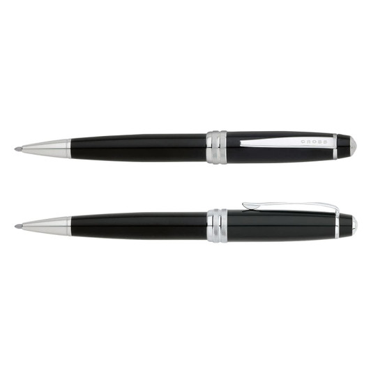 A black metal ballpoint pen with silver accents and a clip. The pen features a logo on its barrel.