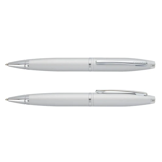 A silver Cross Calais ballpoint pen displayed from two angles, featuring a polished finish and a clip.