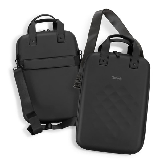 A black Rollink Laptop Case Go featuring a textured design, dual handles, and an adjustable strap.