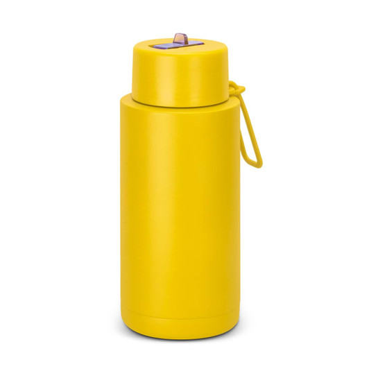 A drink bottle in bright yellow, featuring a screw-on lid and a durable design. It includes a branding logo.