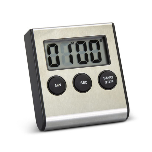 A kitchen timer with a stainless steel finish, featuring a digital display and three black buttons for control.