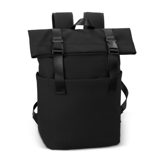 A black soft-touch flap backpack with adjustable straps and a front pocket. It features a minimalist design.