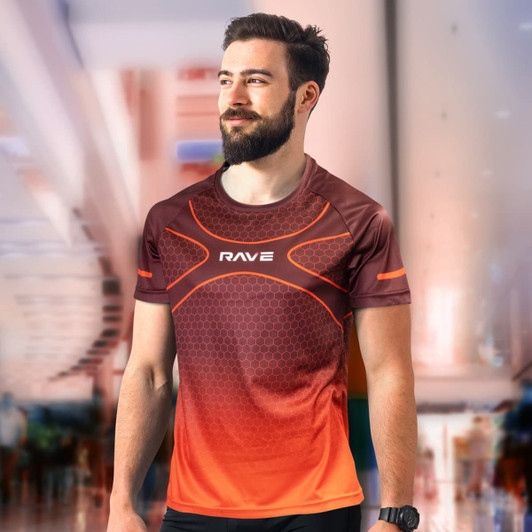 A men's performance t-shirt in gradient shades of orange and brown, featuring a logo and modern design elements.