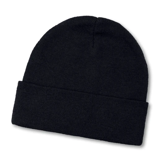 A navy beanie with a rolled cuff and a textured knit design. It features a logo.