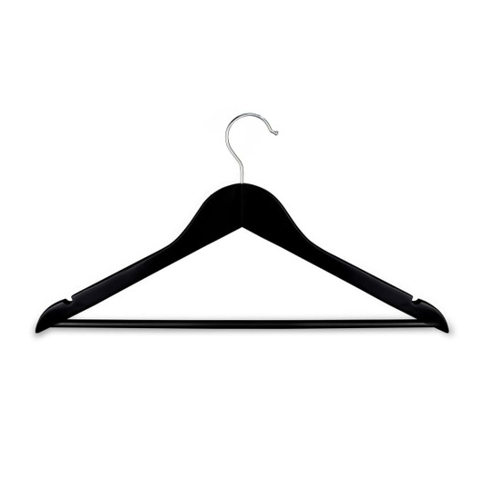 A black wooden hanger with a silver hook features a sleek design and curved edges.