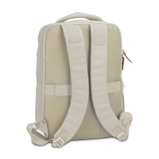 A beige backpack featuring mesh fabric, padded shoulder straps, and a top handle. It has an understated design and a logo.
