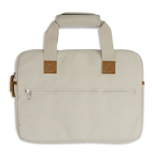 A beige laptop bag with brown accents and dual handles, featuring a front zip pocket and a simple design.