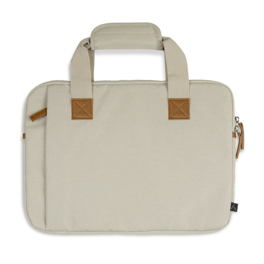 A beige laptop bag with brown accents, featuring a top handle and a zip closure. It has a logo on the side.