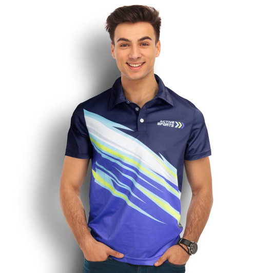 A blue and yellow custom men's sports polo shirt featuring a logo, designed with a dynamic graphic pattern.