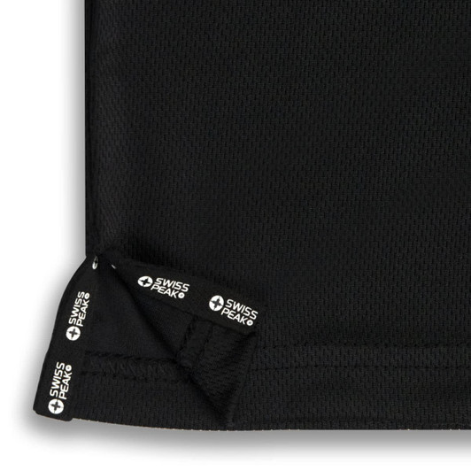 A black polo shirt featuring a mesh fabric design with a logo on the hem.
