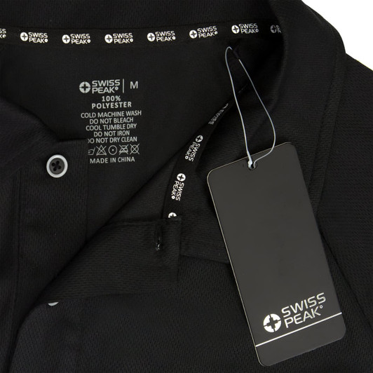 A black polo shirt featuring a collar, care label, and tag, with a logo present on the collar.