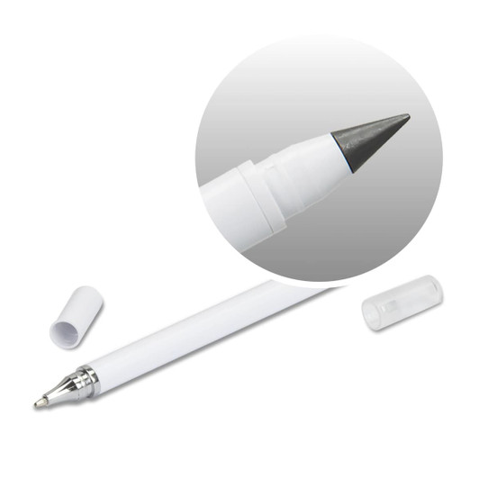 A white dual-tip pen featuring a black ink tip and a removable cap, with a silver accent on the barrel.
