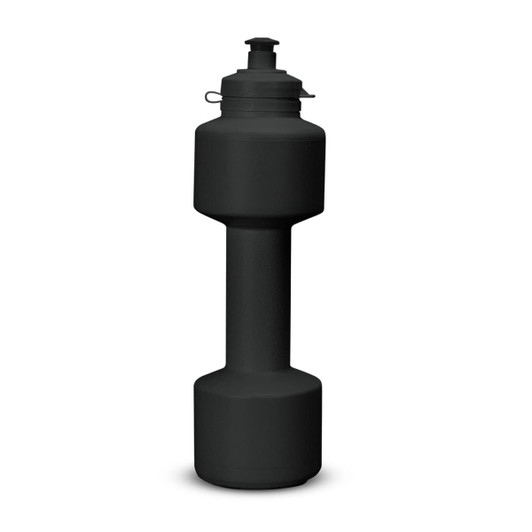 A drink bottle shaped like a dumbbell, featuring a matte black finish and a screw-top lid. It has a logo on the side.