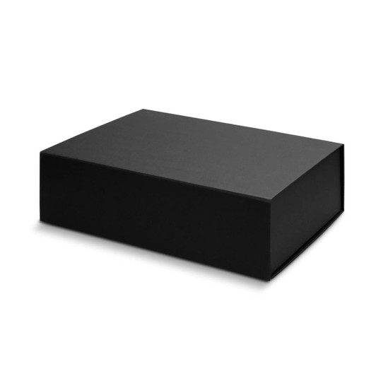 A medium-sized magnetic lid gift box in sleek black, featuring a simple design and a logo.