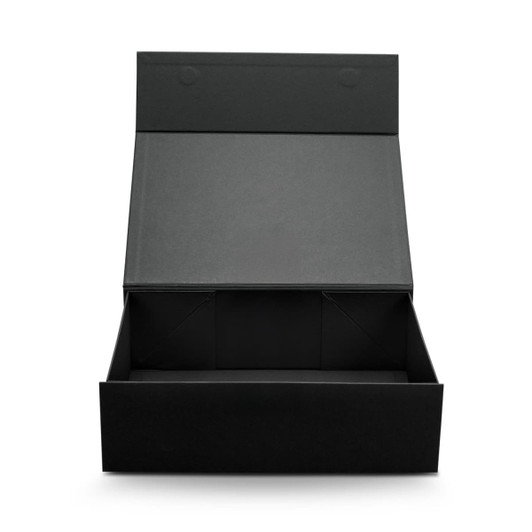 A medium black magnetic lid gift box with a spacious open interior and compartmental sections.