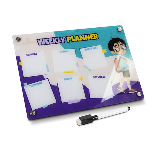 A magnetic weekly planner in vibrant blue and purple, featuring a cartoon character and a whiteboard marker.