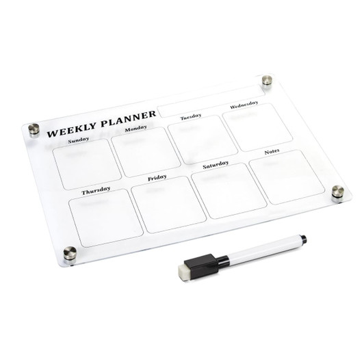 A clear acrylic weekly planner with sections for each day and a whiteboard marker included. Features chrome corners.