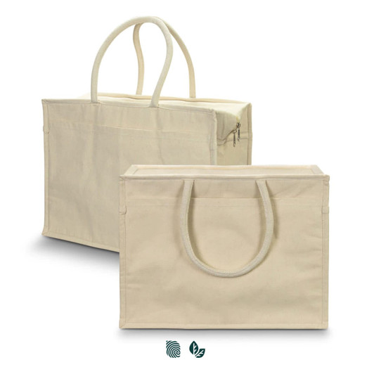 A beige shopping cooler tote with two handles and a zipper, featuring an exterior pocket and branding on the front.