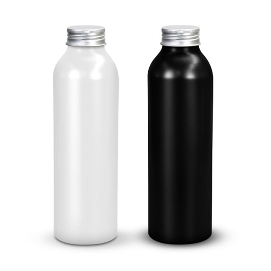 A drink bottle in black and white, featuring a sleek aluminium design with silver lids.