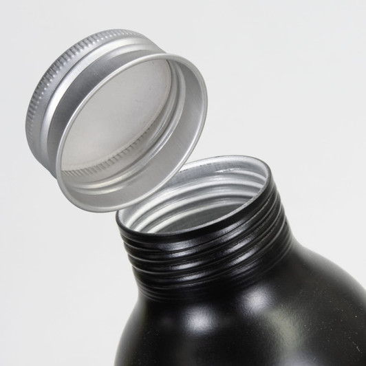 A drink bottle with a black body and a silver screw cap, featuring an open top.