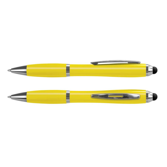 A yellow stylus pen with a shiny silver clip and accents. The product features a smooth finish and branding.