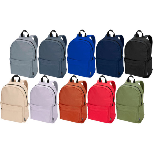 A collection of 10 laptop backpacks in grey, blue, navy, black, beige, lilac, orange, and green, each with a logo.